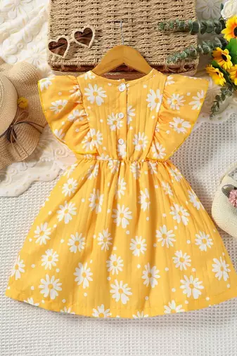 Yellow color printed cotton blend fit&flared style dresses