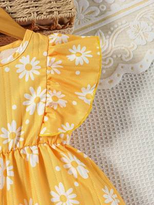 Yellow color printed cotton blend fit&flared style dresses 3