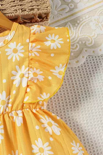 Yellow color printed cotton blend fit&flared style dresses