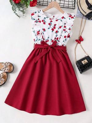 Red-white color printed cotton blend fit&flared style dresses 1
