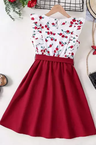 Red-white color printed cotton blend fit&flared style dresses