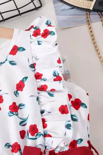 Red-white color printed cotton blend fit&flared style dresses