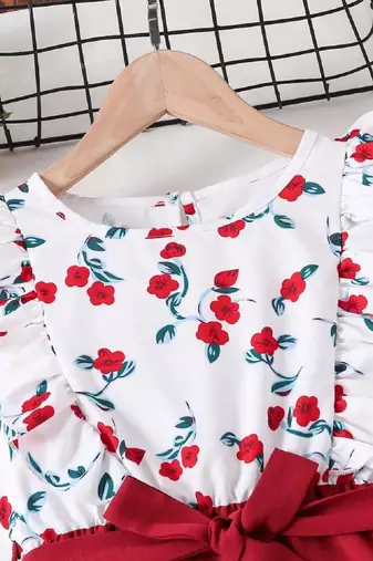 Red-white color printed cotton blend fit&flared style dresses