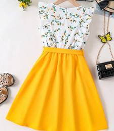 Yellow-white color printed cotton blend fit&flared style dresses