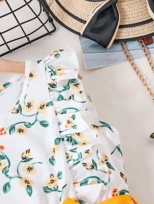 Yellow-white color printed cotton blend fit&flared style dresses 3