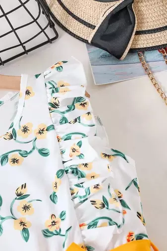 Yellow-white color printed cotton blend fit&flared style dresses