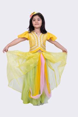 Twisha mustard& lime green frilled sleeves mirror embellished top and draped ghagra 1