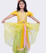 Twisha mustard& lime green frilled sleeves mirror embellished top and draped ghagra