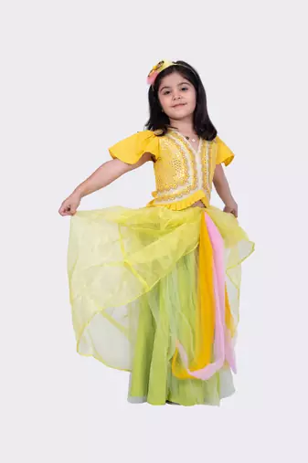 Twisha mustard& lime green frilled sleeves mirror embellished top and draped ghagra