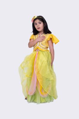 Twisha mustard& lime green frilled sleeves mirror embellished top and draped ghagra 3