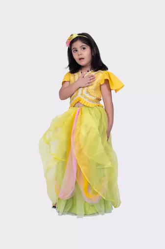 Twisha mustard& lime green frilled sleeves mirror embellished top and draped ghagra