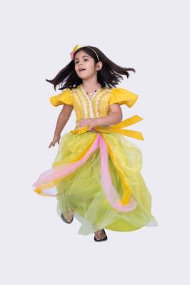 Twisha mustard& lime green frilled sleeves mirror embellished top and draped ghagra 4