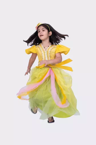 Twisha mustard& lime green frilled sleeves mirror embellished top and draped ghagra