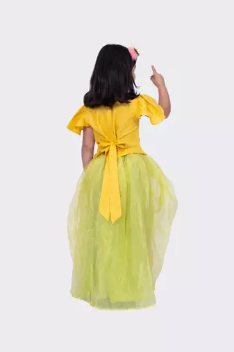 Twisha mustard& lime green frilled sleeves mirror embellished top and draped ghagra