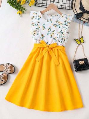 Yellow-white color printed cotton blend fit&flared style dresses 1