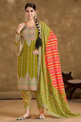 Olive green embroidery mirror sequins work chinon straight dhoti - free size stitched(size upto 42") 1