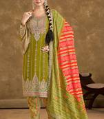 Olive green embroidery mirror sequins work chinon straight dhoti - free size stitched(size upto 42")