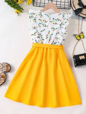 Yellow-white color printed cotton blend fit&flared style dresses 5