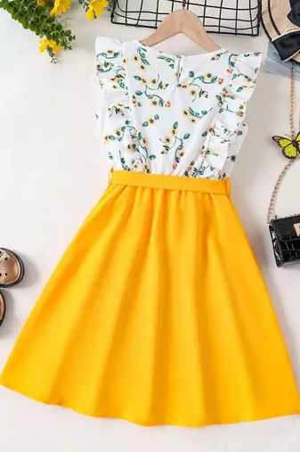 Yellow-white color printed cotton blend fit&flared style dresses