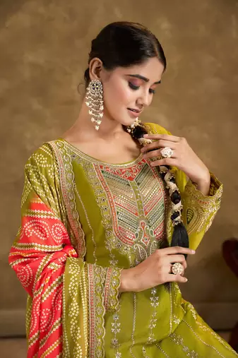 Olive green embroidery mirror sequins work chinon straight dhoti - free size stitched(size upto 42")