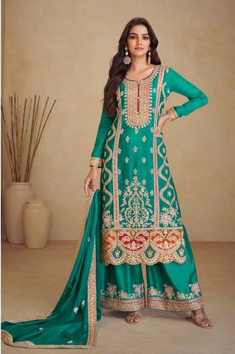 Teal green embroidery sequins work chinon straight palazzo- free size stitched(size upto 42")
