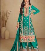 Teal green embroidery sequins work chinon straight palazzo- free size stitched(size upto 42")