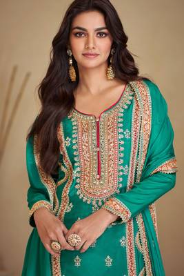 Teal green embroidery sequins work chinon straight palazzo- free size stitched(size upto 42") 2