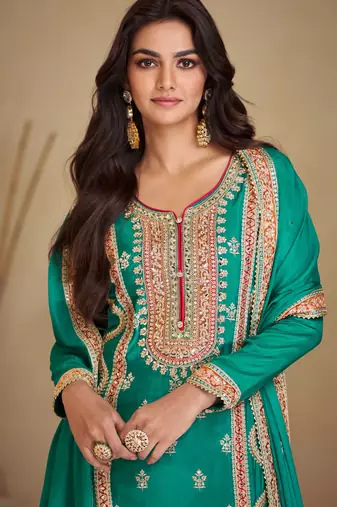 Teal green embroidery sequins work chinon straight palazzo- free size stitched(size upto 42")