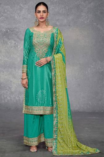 Truquoise embroidery sequins work chinon straight palazzo- free size stitched(size upto 42")