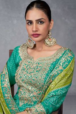 Truquoise embroidery sequins work chinon straight palazzo- free size stitched(size upto 42") 2