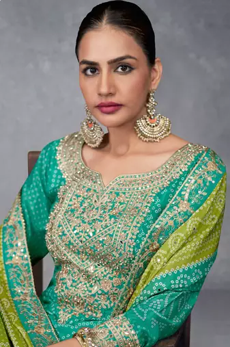 Truquoise embroidery sequins work chinon straight palazzo- free size stitched(size upto 42")