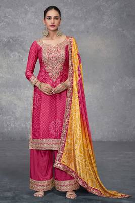 Pink embroidery sequins work chinon straight palazzo- free size stitched(size upto 42") 1