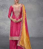 Pink embroidery sequins work chinon straight palazzo- free size stitched(size upto 42")