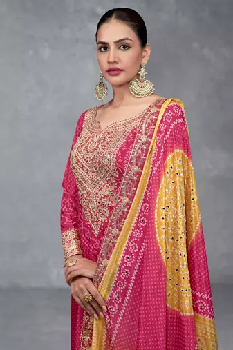 Pink embroidery sequins work chinon straight palazzo- free size stitched(size upto 42")