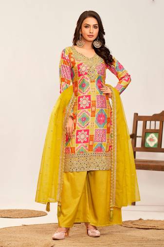Mustard embroidery,print sequins work chinon straight palazzo- free size stitched(size upto 42")