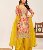 Mustard embroidery,print sequins work chinon straight palazzo- free size stitched(size upto 42")