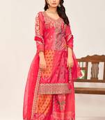 Pink embroidery,print sequins work chinon straight palazzo- free size stitched(size upto 42")