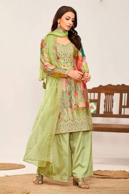 Pista green embroidery,print sequins work chinon straight palazzo- free size stitched(size upto 42") 1