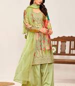 Pista green embroidery,print sequins work chinon straight palazzo- free size stitched(size upto 42")