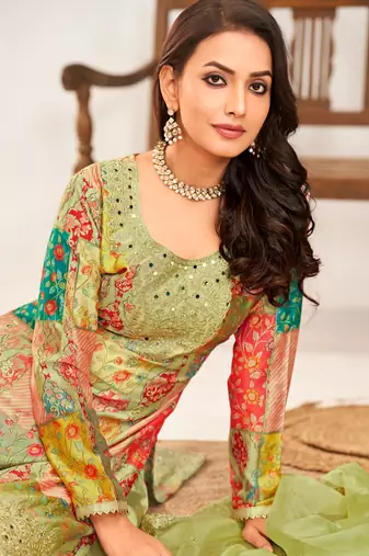 Pista green embroidery,print sequins work chinon straight palazzo- free size stitched(size upto 42")