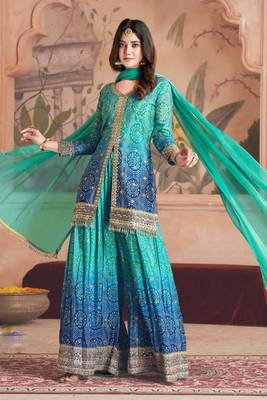 Turquoise embroidery sequins work chinon straight palazzo- free size stitched(size upto 42") 1