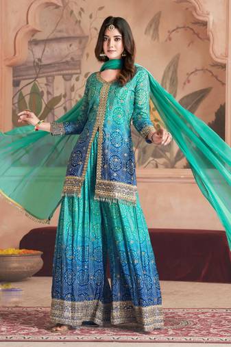 Turquoise embroidery sequins work chinon straight palazzo- free size stitched(size upto 42")