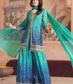 Turquoise embroidery sequins work chinon straight palazzo- free size stitched(size upto 42")