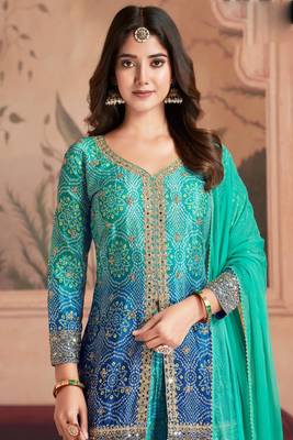 Turquoise embroidery sequins work chinon straight palazzo- free size stitched(size upto 42") 2