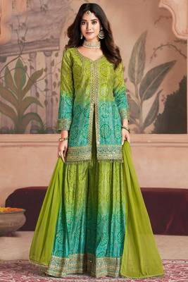 Green&blue embroidery sequins work chinon straight palazzo- free size stitched(size upto 42") 1