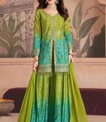 Green&blue embroidery sequins work chinon straight palazzo- free size stitched(size upto 42")