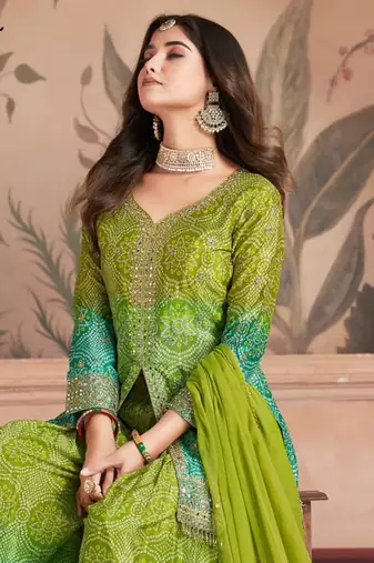 Green&blue embroidery sequins work chinon straight palazzo- free size stitched(size upto 42")