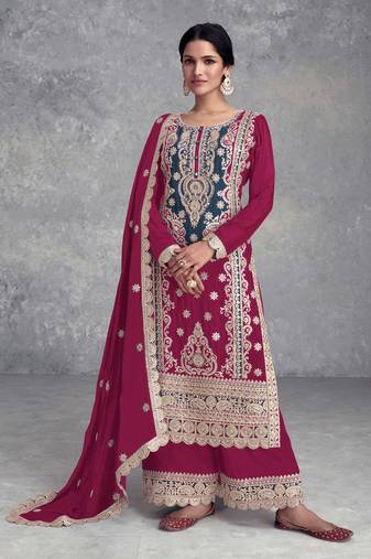 Pink embroidery sequins work chinon straight palazzo- free size stitched(size upto 42")