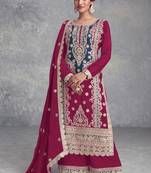 Pink embroidery sequins work chinon straight palazzo- free size stitched(size upto 42")
