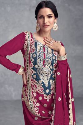 Pink embroidery sequins work chinon straight palazzo- free size stitched(size upto 42") 2